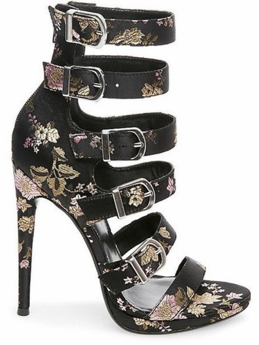 Vintage Steve Madden Black Floral Multi-Buckle High Heel Sandals